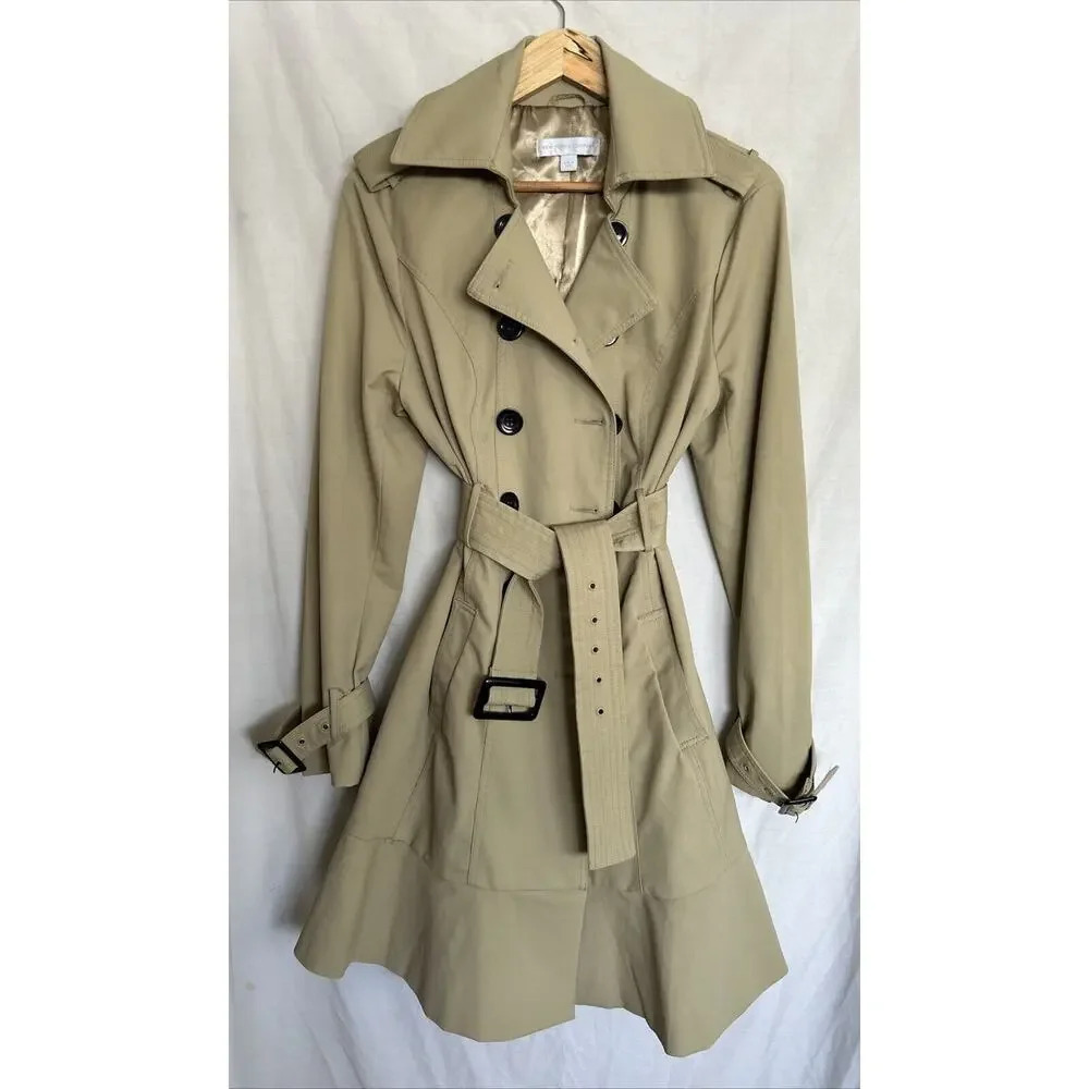 New York & Co Khaki Beige Double Breasted Belted Lined Peplum Trench Coat Size L - Picture 5 of 16